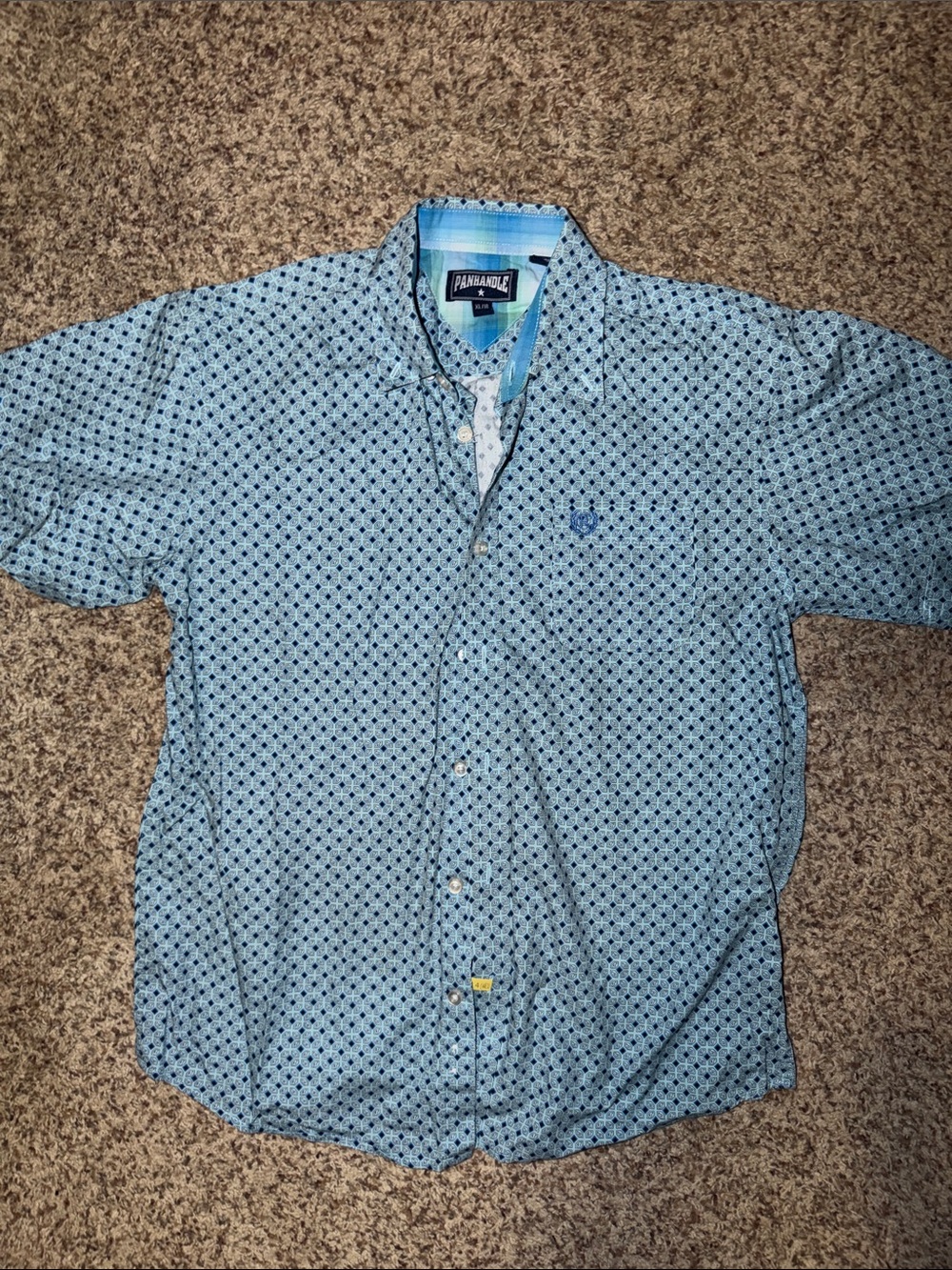 Pan Handle Slim boys xl 18 starched Blue Patterned Short-Sleeve Button-Up Shirt
